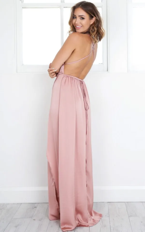 Chic / Belle Rougissant Rose Voyage de noces Robes longues 2019 Princesse Fond croisé plongeant Bretelles Spaghetti Dos Nu Sans Manches Fendue devant Longue Vêtements Femme