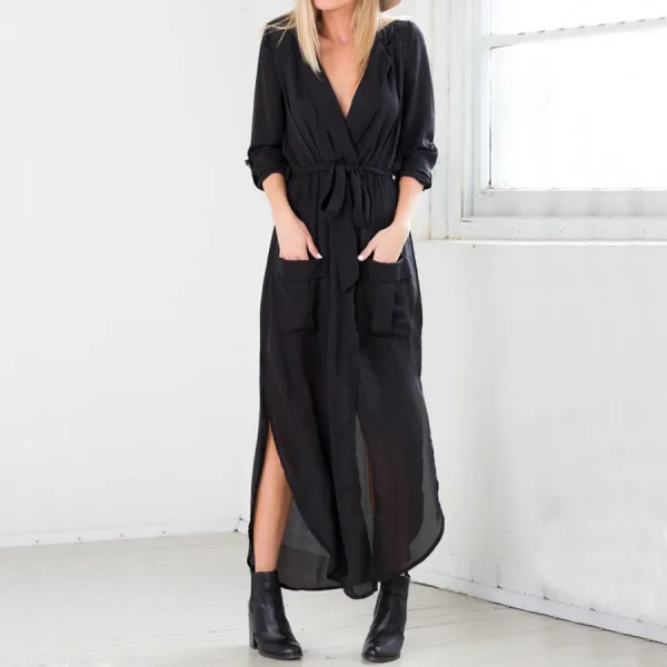 Modern / Fashion Grey Summer Resort Wear Womens Clothing 2019 V-Neck 3/4 Sleeve Tea-length Maxi Dresses
