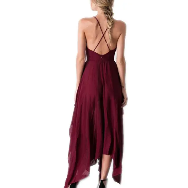 Modest Simple Burgundy Summer Honeymoon Maxi Dresses 2019 Spaghetti Straps  Plunging Cross Back Backless Sleeveless Asymmetrical Womens Clothing