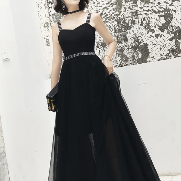 Modern / Fashion Black Evening Dresses 2019 A-Line / Princess Spaghetti Straps Sleeveless Backless Floor-Length / Long Formal Dresses
