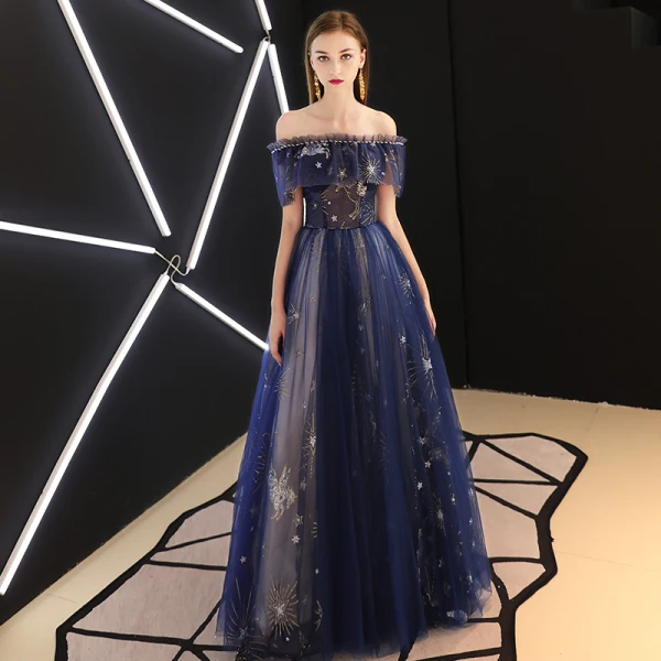 Moderne / Mode Bleu Roi Robe De Soirée 2019 Princesse Perlage Glitter Paillettes De l'épaule Dos Nu Manches Courtes Longue Robe De Ceremonie