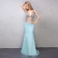 Sexy Bleu Robe De Soirée 2019 Trompette / Sirène Transparentes Paillettes Faux Diamant V-Cou Dos Nu Sans Manches Train De Balayage Robe De Ceremonie