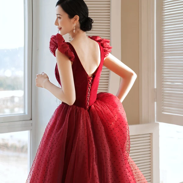 Chic / Beautiful Burgundy Suede Spotted Prom Dresses 2021 A-Line / Princess Square Neckline Sleeveless Backless Floor-Length / Long Prom Formal Dresses