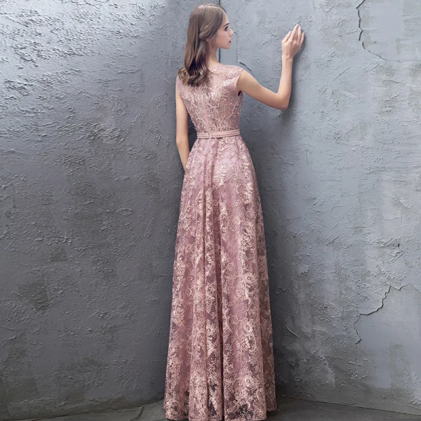 Chic / Beautiful Pearl Pink Evening Dresses  2019 A-Line / Princess Lace Beading Rhinestone Sequins Scoop Neck Sleeveless Floor-Length / Long Formal Dresses