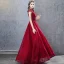 Chinese style Burgundy Evening Dresses  2019 A-Line / Princess Beading Lace Crystal Scoop Neck Cap Sleeves Backless Floor-Length / Long Formal Dresses