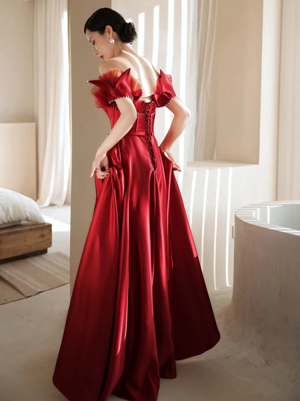 Charmant Bordeaux Robe De Bal 2021 Princesse Perle De l'épaule Sans Manches Dos Nu Longue Promo Robe De Ceremonie