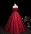 Chic / Beautiful Burgundy Beading Appliques Prom Dresses 2025 Ball Gown Off-The-Shoulder Short Sleeve Backless Floor-Length / Long Formal Dresses