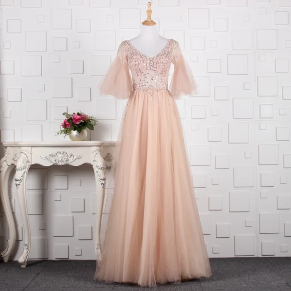 Modern / Fashion Grey Handmade Beading Evening Dresses 2019 A-Line / Princess Rhinestone Sequins V-Neck Bell sleeves Backless Floor-Length / Long Formal Dresses