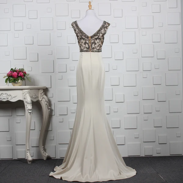 Luxury / Gorgeous Khaki Handmade  Beading Evening Dresses  2019 Trumpet / Mermaid Crystal Rhinestone Scoop Neck Sleeveless Backless Sweep Train Formal Dresses