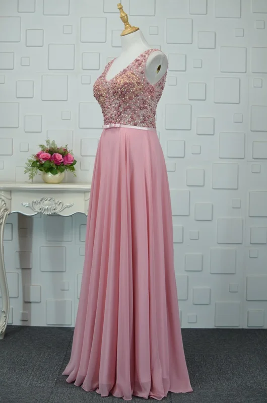 Moderne / Mode Rose Bonbon Fait main Perlage Robe De Soirée 2019 Princesse Cristal Perle Paillettes V-Cou Sans Manches Dos Nu Longue Robe De Ceremonie