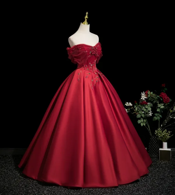Chic / Beautiful Burgundy Beading Appliques Prom Dresses 2025 Ball Gown Off-The-Shoulder Short Sleeve Backless Floor-Length / Long Formal Dresses