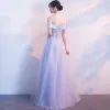 Chic / Beautiful Sky Blue Bridesmaid Dresses 2018 A-Line / Princess Lace Appliques Pearl Off-The-Shoulder Backless Sleeveless Floor-Length / Long Wedding Party Dresses
