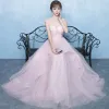 Chic / Beautiful Blushing Pink Prom Dresses 2018 A-Line / Princess Beading Cascading Ruffles Scoop Neck Sleeveless Floor-Length / Long Prom Formal Dresses