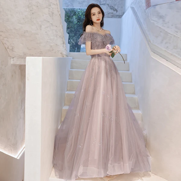 Charmant Violet Gris Robe De Soirée 2021 Princesse De l'épaule Perlage Perle Faux Diamant Manches Courtes Dos Nu Train De Balayage Robe De Ceremonie
