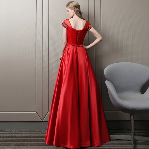 Luxury / Gorgeous Red Evening Dresses  2018 A-Line / Princess Handmade  Beading Crystal Rhinestone V-Neck Backless Short Sleeve Floor-Length / Long Formal Dresses
