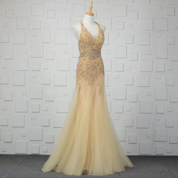 Luxe Champagne Fait main Perlage Robe De Soirée 2019 Trompette / Sirène Cristal Paillettes Faux Diamant Gland Titulaire Sans Manches Dos Nu Longue Robe De Ceremonie