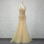 Luxe Champagne Fait main Perlage Robe De Soirée 2019 Trompette / Sirène Cristal Paillettes Faux Diamant Gland Titulaire Sans Manches Dos Nu Longue Robe De Ceremonie