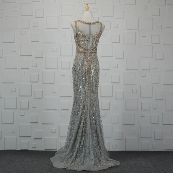 Luxury / Gorgeous Silver Handmade  Beading Evening Dresses  2019 Trumpet / Mermaid Crystal Sequins Rhinestone Tassel Scoop Neck Sleeveless Sweep Train Formal Dresses