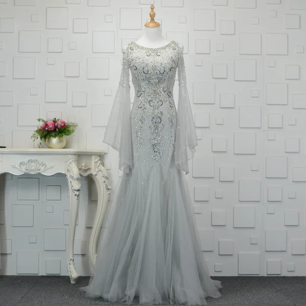 Luxury / Gorgeous Champagne Handmade Beading Evening Dresses 2019 Trumpet / Mermaid Crystal Rhinestone Sequins Scoop Neck Bell sleeves Sweep Train Formal Dresses
