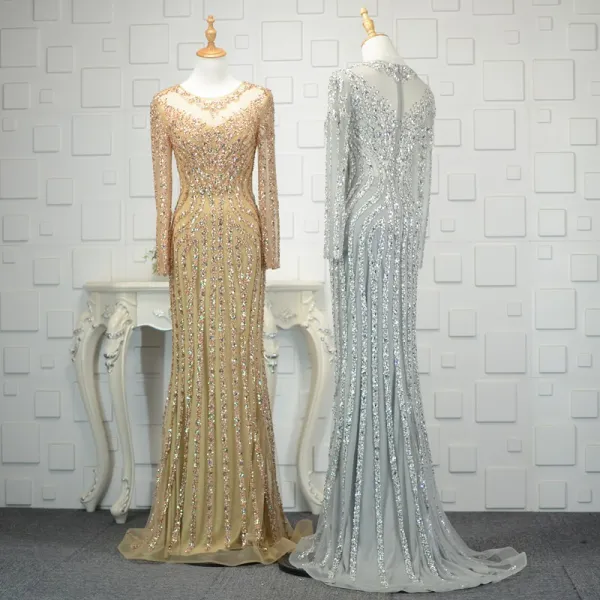 Luxury / Gorgeous Champagne Handmade Beading Evening Dresses 2019 Trumpet / Mermaid Crystal Sequins Scoop Neck Long Sleeve Sweep Train Formal Dresses