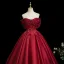 Chic / Beautiful Burgundy Beading Appliques Prom Dresses 2025 Ball Gown Off-The-Shoulder Short Sleeve Backless Floor-Length / Long Formal Dresses