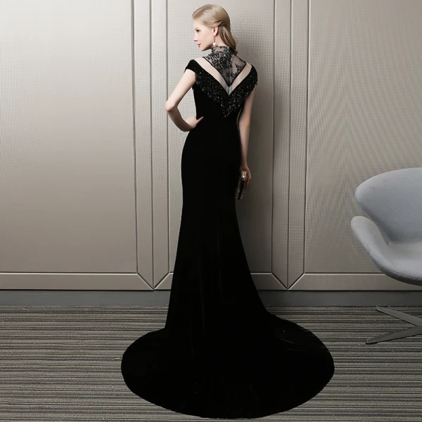 Stunning Black Evening Dresses  2018 Trumpet / Mermaid Beading Tassel Suede High Neck Short Sleeve Court Train Formal Dresses