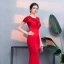 Chic / Belle Rouge Robe De Soirée 2019 Trompette / Sirène Cristal Paillettes Encolure Dégagée Longue Manches Courtes Robe De Ceremonie