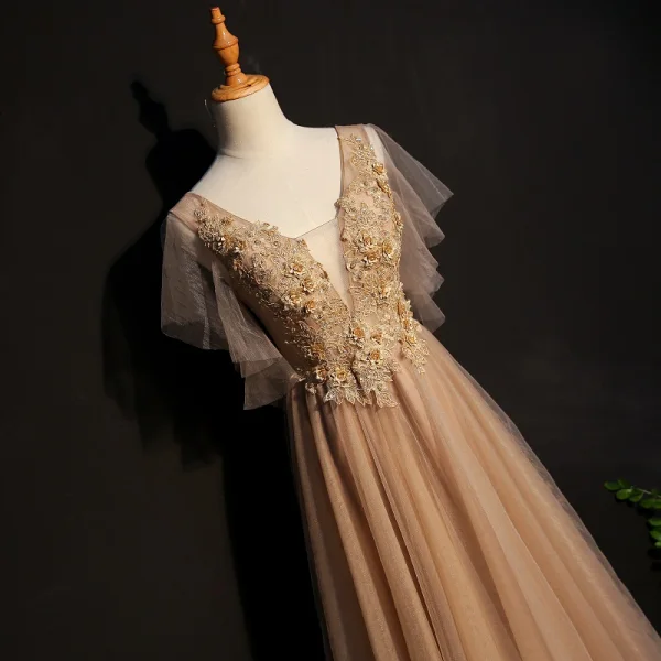 Elegant Champagne Prom Dresses 2019 A-Line / Princess Lace Appliques Beading Crystal V-Neck Short Sleeve Backless Floor-Length / Long Formal Dresses