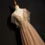Elegant Champagne Prom Dresses 2019 A-Line / Princess Lace Appliques Beading Crystal V-Neck Short Sleeve Backless Floor-Length / Long Formal Dresses