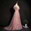 Elegant Pearl Pink Evening Dresses  2019 A-Line / Princess Lace Beading Crystal V-Neck Short Sleeve Backless Sweep Train Formal Dresses