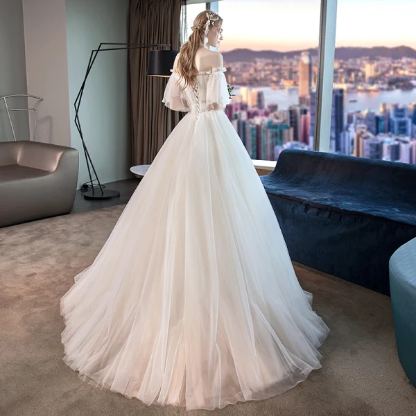 Elegant Ivory Wedding Dresses 2019 A-Line / Princess Pleated Lace Beading Crystal Off-The-Shoulder Short Sleeve Backless Court Train