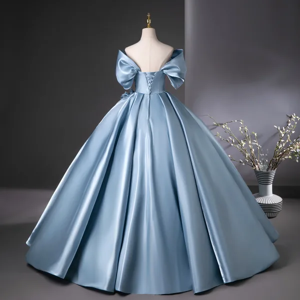 Elegant Sky Blue Prom Dresses 2025 Ball Gown Off-The-Shoulder Short Sleeve Backless Floor-Length / Long Prom Formal Dresses