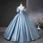 Elegant Sky Blue Prom Dresses 2025 Ball Gown Off-The-Shoulder Short Sleeve Backless Floor-Length / Long Prom Formal Dresses