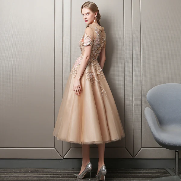 Chic / Beautiful Champagne Homecoming Graduation Dresses 2018 A-Line / Princess Lace Appliques Rhinestone Sequins Scoop Neck Short Sleeve Tea-length Formal Dresses