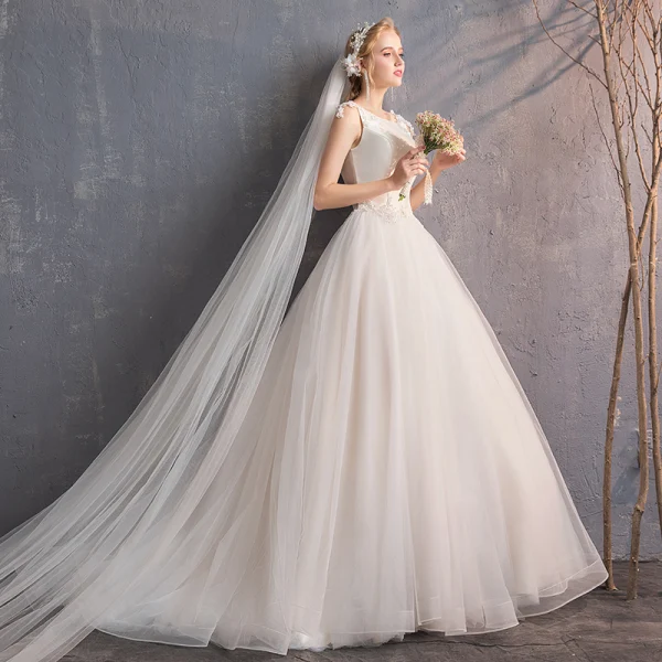 Elegant Ivory Wedding Dresses 2019 A-Line / Princess Lace Appliques Beading Sequins Scoop Neck Sleeveless Backless Court Train