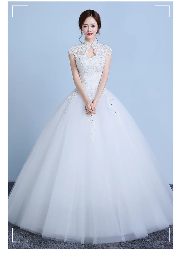 Elegant White Wedding Dresses 2019 Ball Gown Lace Flower Pearl Sequins High Neck Short Sleeve Backless Cathedral Train