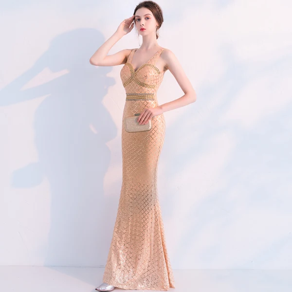 Scintillantes Champagne Robe De Soirée 2019 Trompette / Sirène Cristal Paillettes V-Cou Sans Manches Dos Nu Longue Robe De Ceremonie