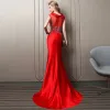 Charming Red Evening Dresses  2018 Trumpet / Mermaid Pearl Sequins Scoop Neck Sleeveless Court Train Formal Dresses
