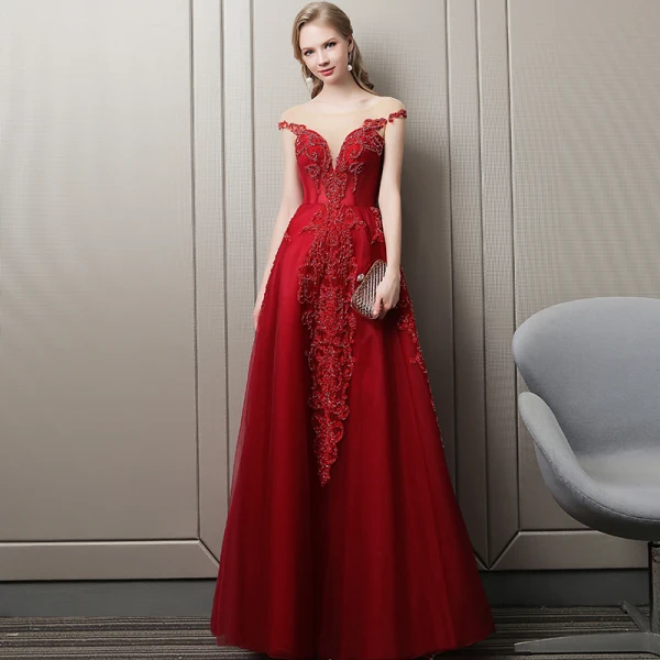 Luxury / Gorgeous Burgundy Evening Dresses  2018 A-Line / Princess Crystal Beading Lace Flower Scoop Neck Backless Cap Sleeves Floor-Length / Long Formal Dresses