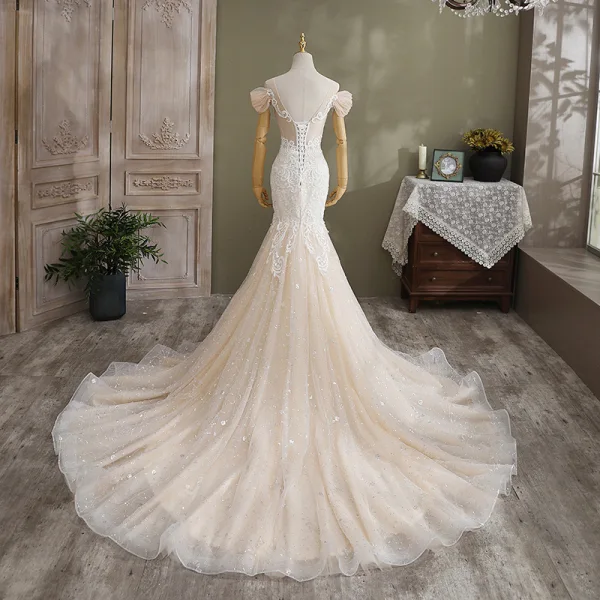 Sexy Champagne Wedding Dresses 2021 Trumpet / Mermaid Scoop Neck Sequins Lace Flower Short Sleeve Backless Cathedral Train Wedding