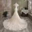 Sexy Champagne Wedding Dresses 2021 Trumpet / Mermaid Scoop Neck Sequins Lace Flower Short Sleeve Backless Cathedral Train Wedding