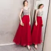 Chic / Beautiful Burgundy Evening Dresses  2019 A-Line / Princess Beading Sequins Bow V-Neck Backless Sleeveless Floor-Length / Long Formal Dresses