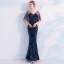 Scintillantes Bleu Marine Robe De Soirée 2019 Trompette / Sirène Paillettes Faux Diamant V-Cou Dos Nu Manches Courtes Longue Robe De Ceremonie