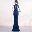 Chic / Belle Bleu Marine Robe De Soirée 2019 Trompette / Sirène Perlage Encolure Dégagée Sans Manches Longue Robe De Ceremonie