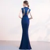 Chic / Beautiful Navy Blue Evening Dresses  2019 Trumpet / Mermaid Beading Scoop Neck Sleeveless Floor-Length / Long Formal Dresses