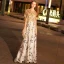Elegante Gold Abendkleider 2019 A Linie Rundhalsausschnitt Perlenstickerei Pailletten Quaste Kurze Ärmel Gespaltete Front Drucken Lange Festliche Kleider