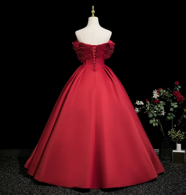 Chic / Beautiful Burgundy Beading Appliques Prom Dresses 2025 Ball Gown Off-The-Shoulder Short Sleeve Backless Floor-Length / Long Formal Dresses