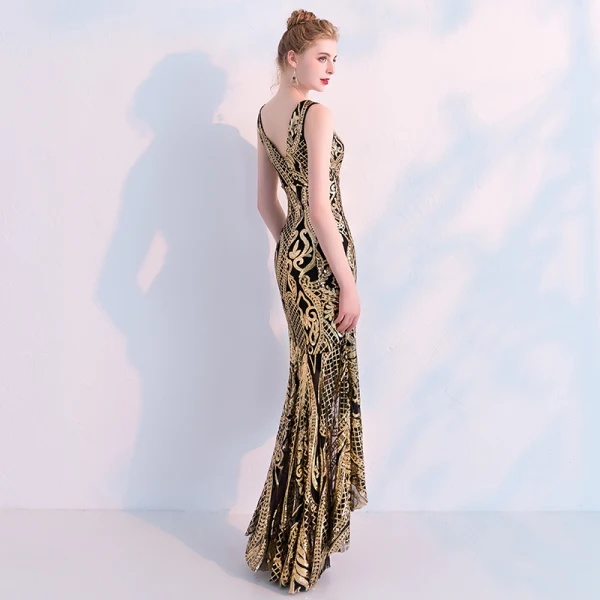 Charming Black Gold Evening Dresses 2019 Trumpet Mermaid Sequins V Neck  Sleeveless Backless Asymmetrical Formal Dresses