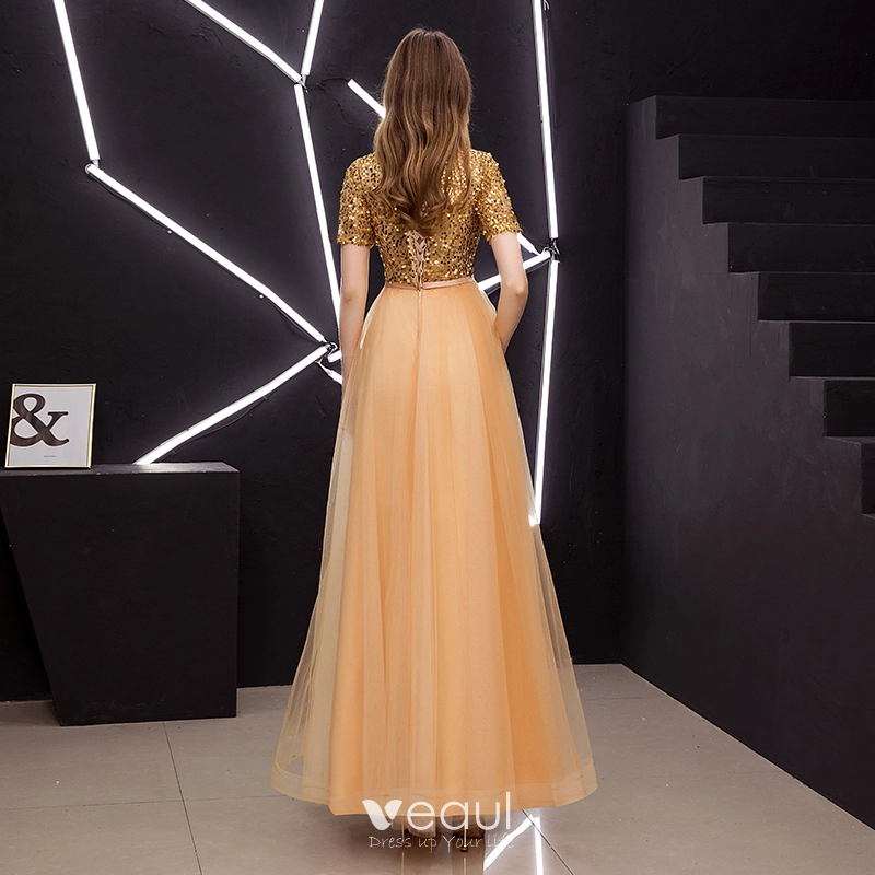 slim fit dress slacks Elegant V-Neck Long Sleeve Prom Dress with High Split, Sparkle Gold Sequin  Gown main image 1