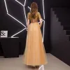Elegant Gold Prom Dresses 2019 A-Line / Princess Scoop Neck Sequined Short Sleeve Ankle Length Formal Dresses
